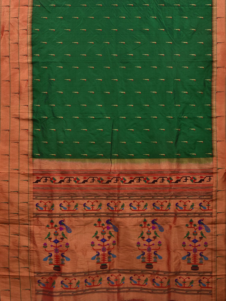 Green Paithani Silk Handloom Saree with Pallu and Triple Muniya Border Design p0476