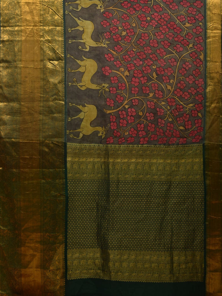 Grey and Green Kalamkari Hand Painted Kanchipuram Silk Handloom Saree with Deers and Floral Design KL0619