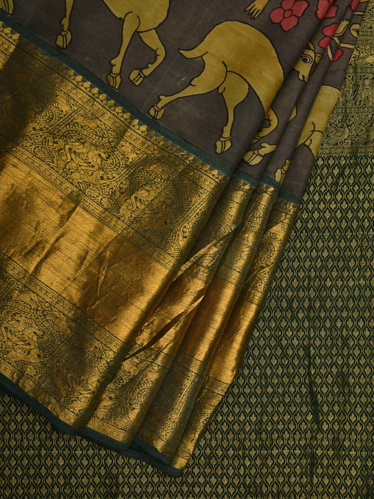 Grey and Green Kalamkari Hand Painted Kanchipuram Silk Handloom Saree with Deers and Floral Design KL0619