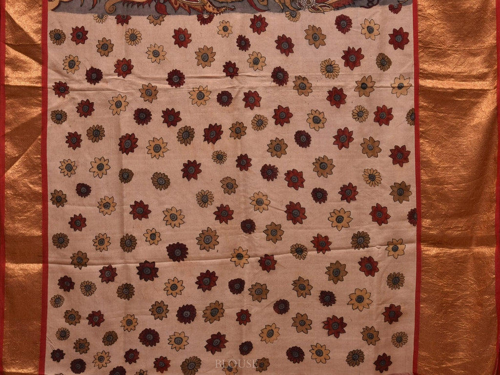 Grey and Red Kalamkari Hand Painted Kanchipuram Silk Handloom Saree with Floral Design KL0664
