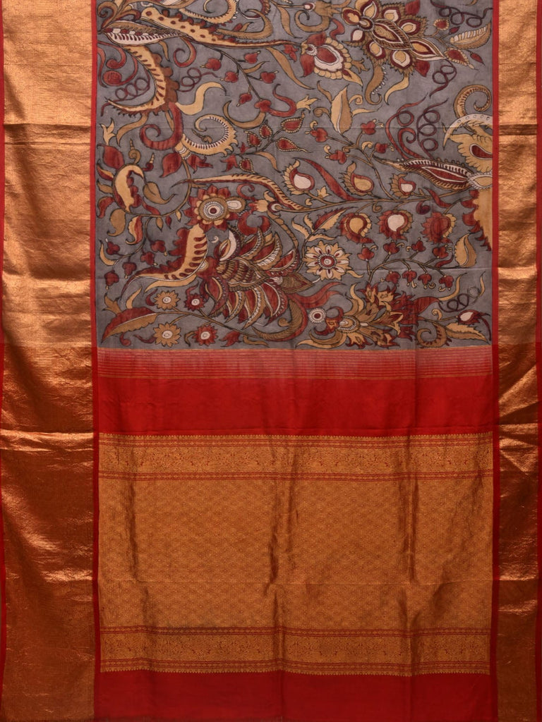 Grey and Red Kalamkari Hand Painted Kanchipuram Silk Handloom Saree with Floral Design KL0664