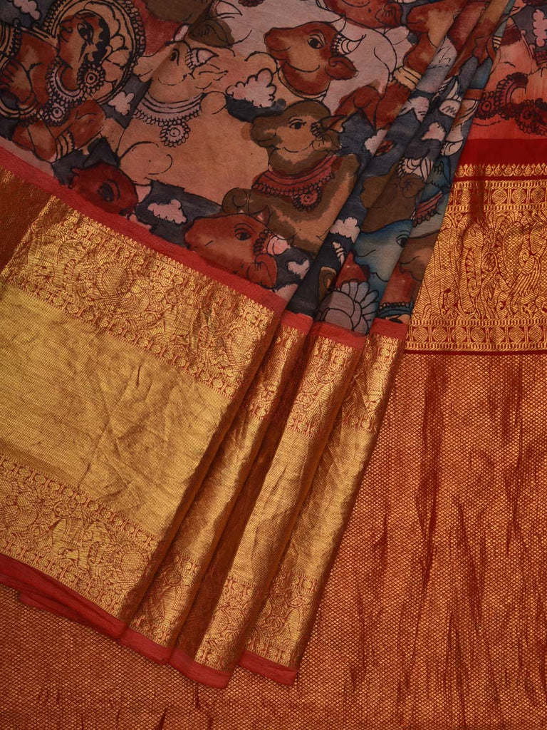 Grey and Red Kalamkari Hand Painted Kanchipuram Silk Handloom Saree with Krishna Leela Design KL0630