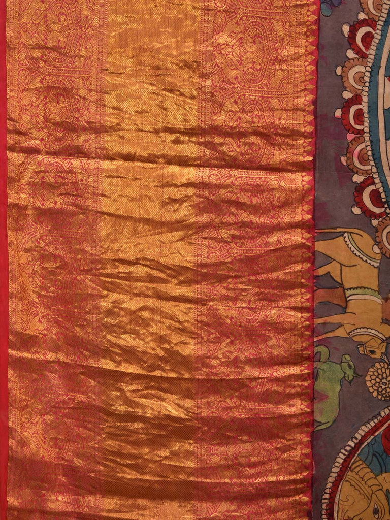 Grey and Red Kalamkari Hand Painted Kanchipuram Silk Handloom Saree with Krishna Leela Design KL0699