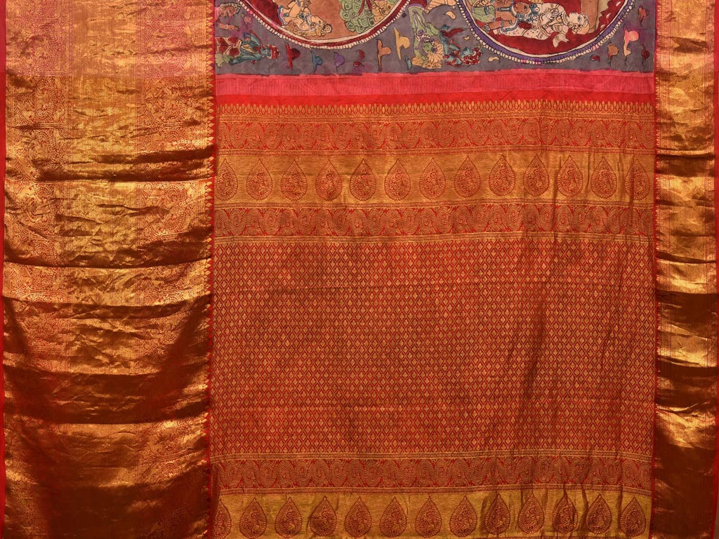 Grey and Red Kalamkari Hand Painted Kanchipuram Silk Handloom Saree with Krishna Leela Design KL0699