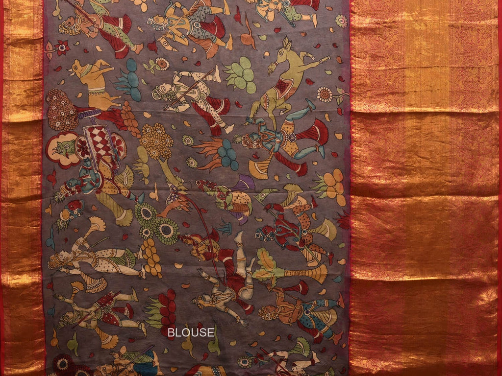 Grey and Red Kalamkari Hand Painted Kanchipuram Silk Handloom Saree with Krishna Leela Design KL0699