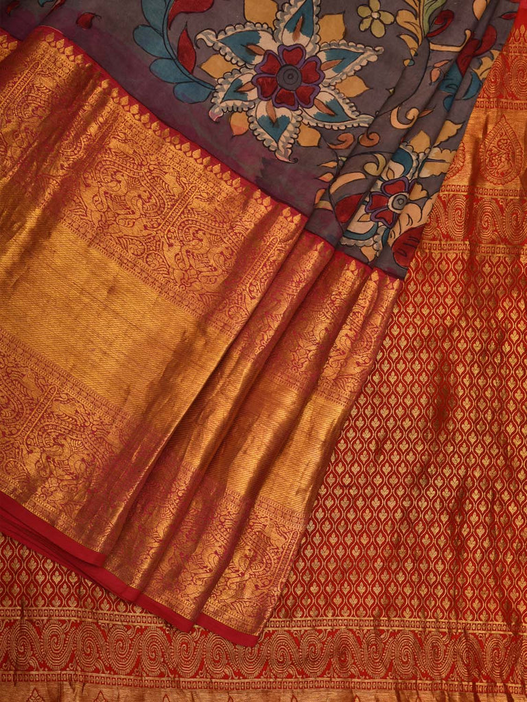 Grey and Red Kalamkari Hand Painted Kanchipuram Silk Handloom Saree with Krishna Leela Design KL0699