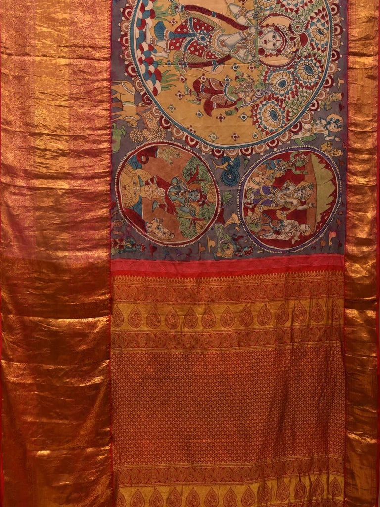 Grey and Red Kalamkari Hand Painted Kanchipuram Silk Handloom Saree with Krishna Leela Design KL0699