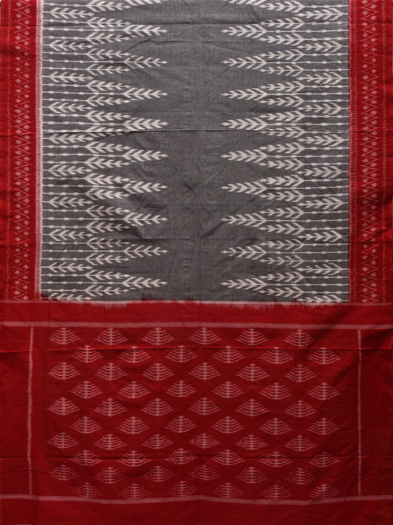 Grey and Red Pochampally Ikat Cotton Handloom Saree with Tree Border Design i0687