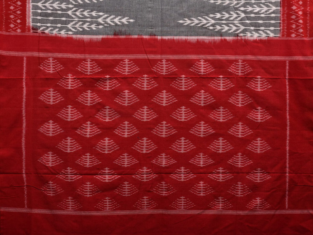 Grey and Red Pochampally Ikat Cotton Handloom Saree with Tree Border Design i0687