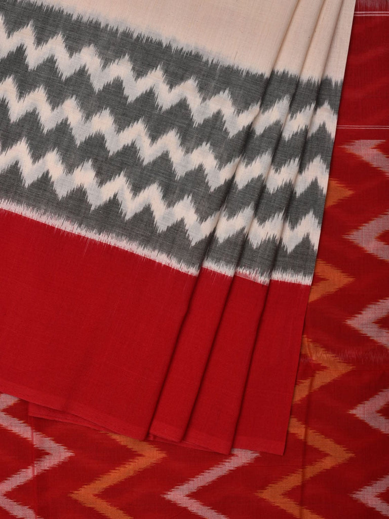 Grey and Red Pochampally Ikat Cotton Handloom Saree with Zig-Zag Design i0694