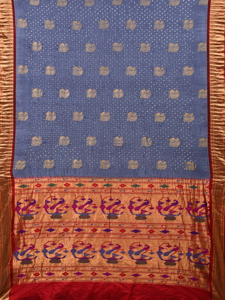 Grey Bandhani Paithani Silk Handloom Saree with Bird Buta Design bn0264