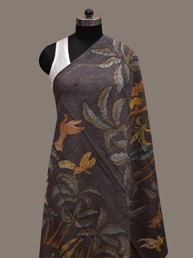 Grey Kalamkari Hand Painted Cotton Handloom Dupatta with Birds and Trees Design ds2734