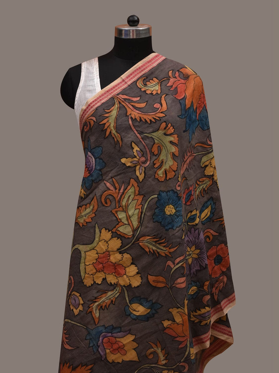 Grey Kalamkari Hand Painted Cotton Handloom Dupatta with Dobi Border a ...