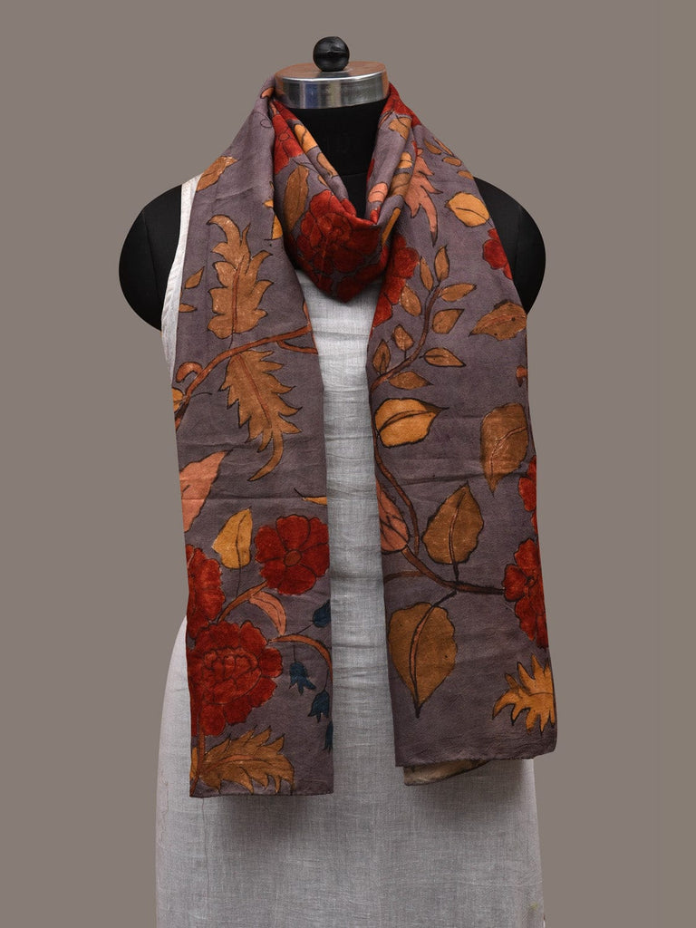 Grey Kalamkari Hand Painted Cotton Handloom Stole with Floral Design ds2811
