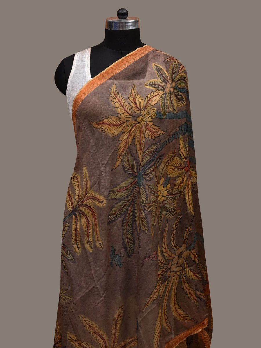 Grey Kalamkari Hand Painted Organza Handloom Dupatta with Trees Design ...