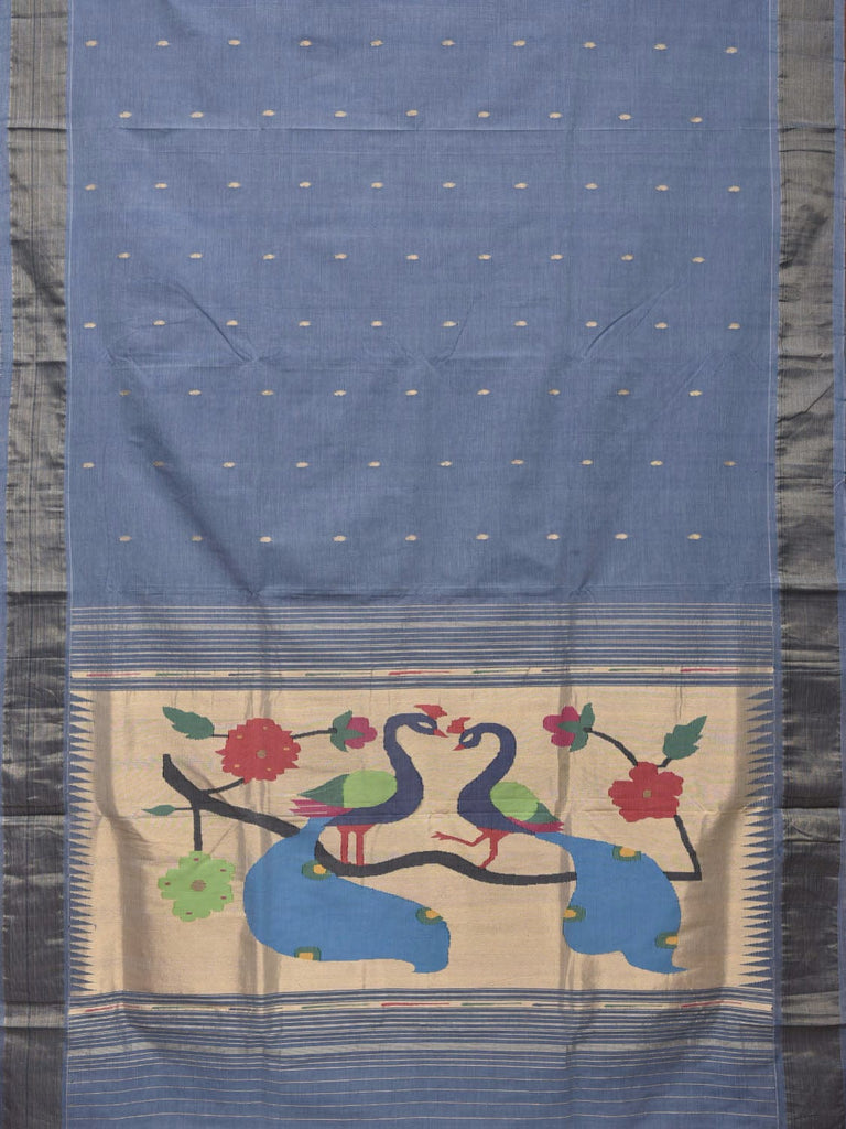 Grey Paithani Cotton Handloom Saree with Peacocks Pallu Design p0471