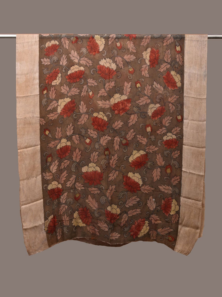 Khaki Kalamkari Hand Painted Banaras Chiffon Dupatta with Lotus Flowers Design ds3166