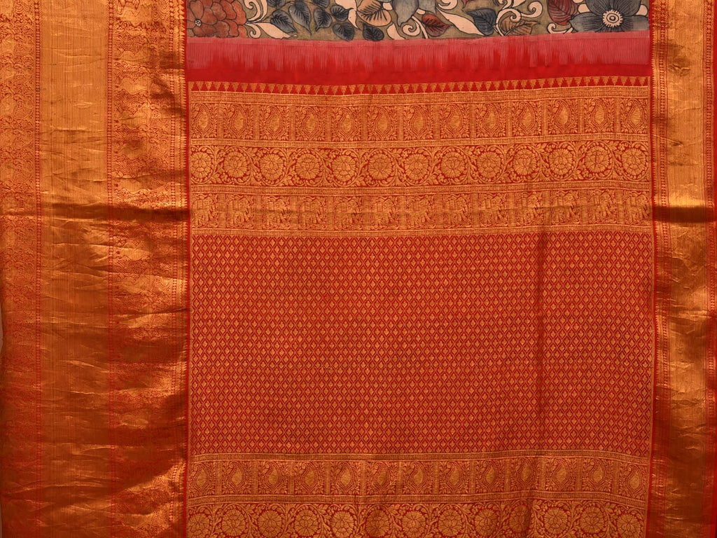 Khaki Kalamkari Hand Painted Kanchipuram Silk Handloom Saree with Floral Design KL0715