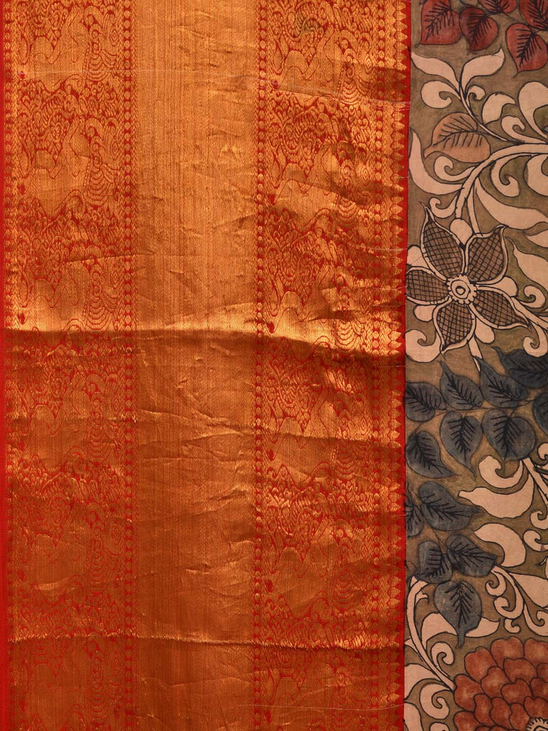 Khaki Kalamkari Hand Painted Kanchipuram Silk Handloom Saree with Floral Design KL0715