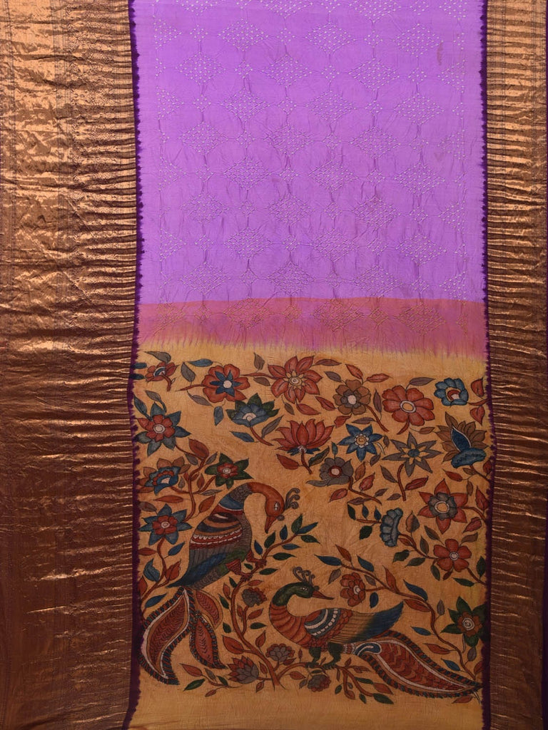 Lavender Bandhani Kanchipuram Silk Handloom Saree with Kalamkari Pallu and Blouse Design bn0396