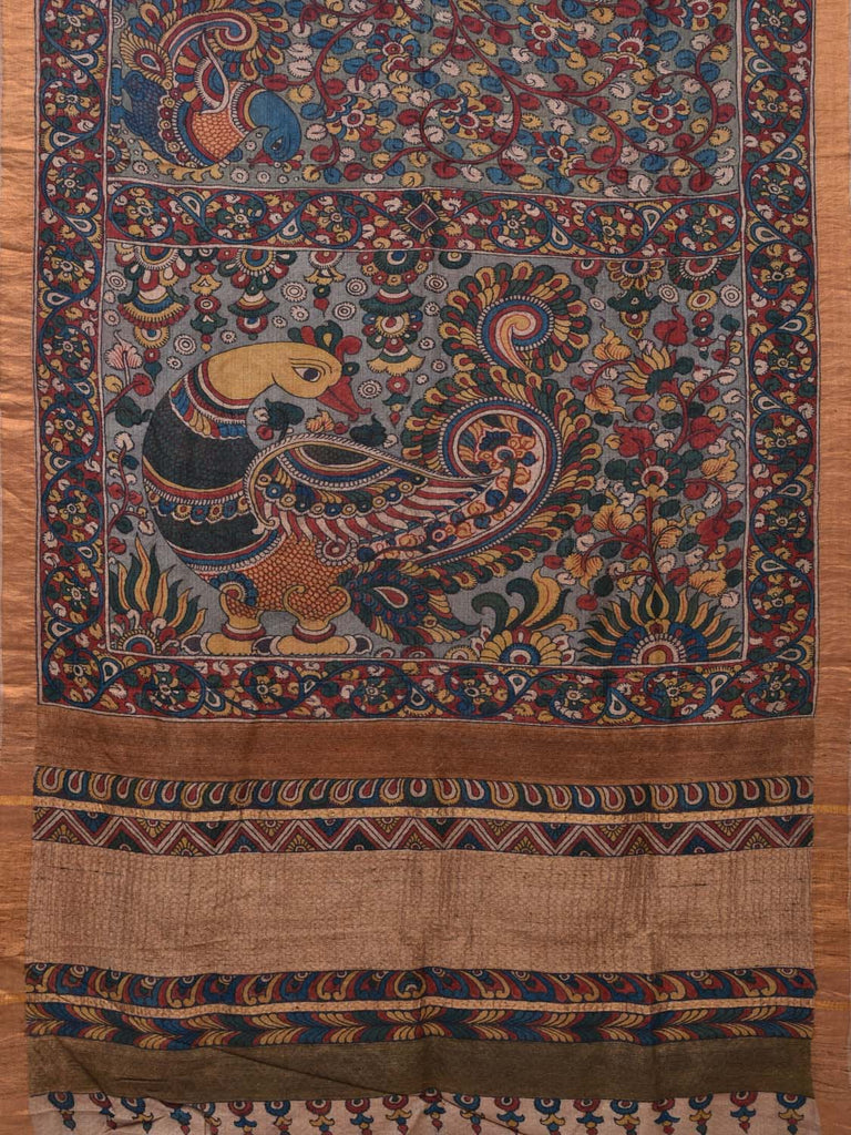 Light Blue Kalamkari Hand Painted Tussar Silk Handloom Saree with Peacock and Plants Design kl0220