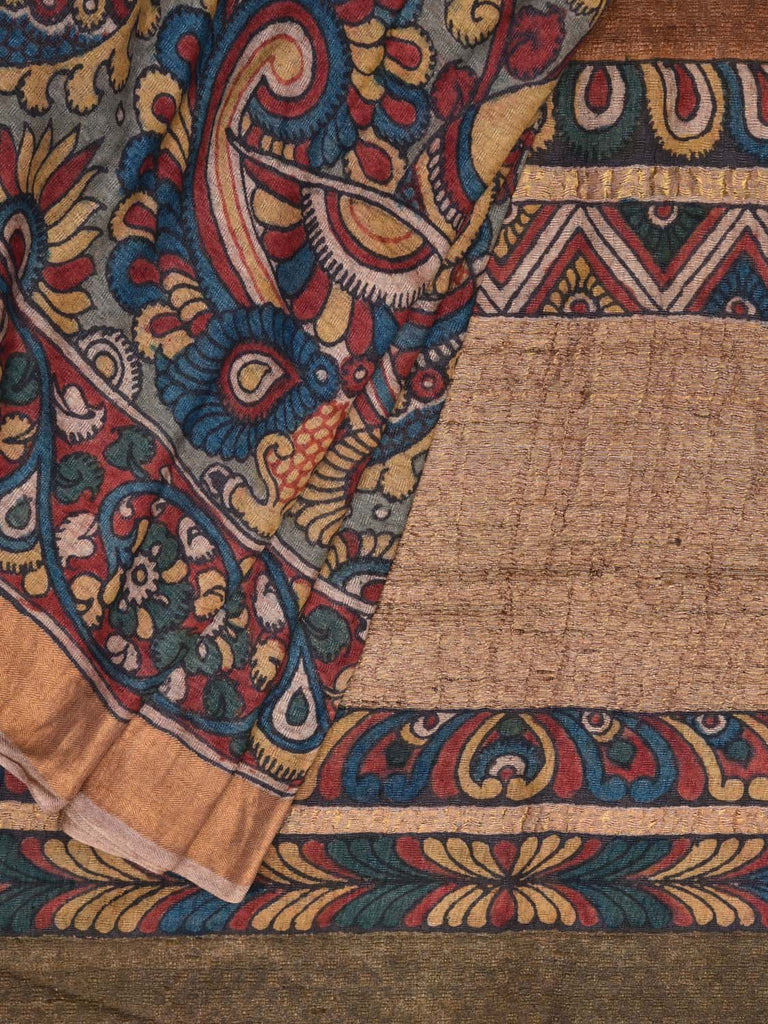 Light Blue Kalamkari Hand Painted Tussar Silk Handloom Saree with Peacock and Plants Design kl0220