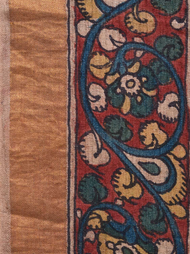 Light Blue Kalamkari Hand Painted Tussar Silk Handloom Saree with Peacock and Plants Design kl0220