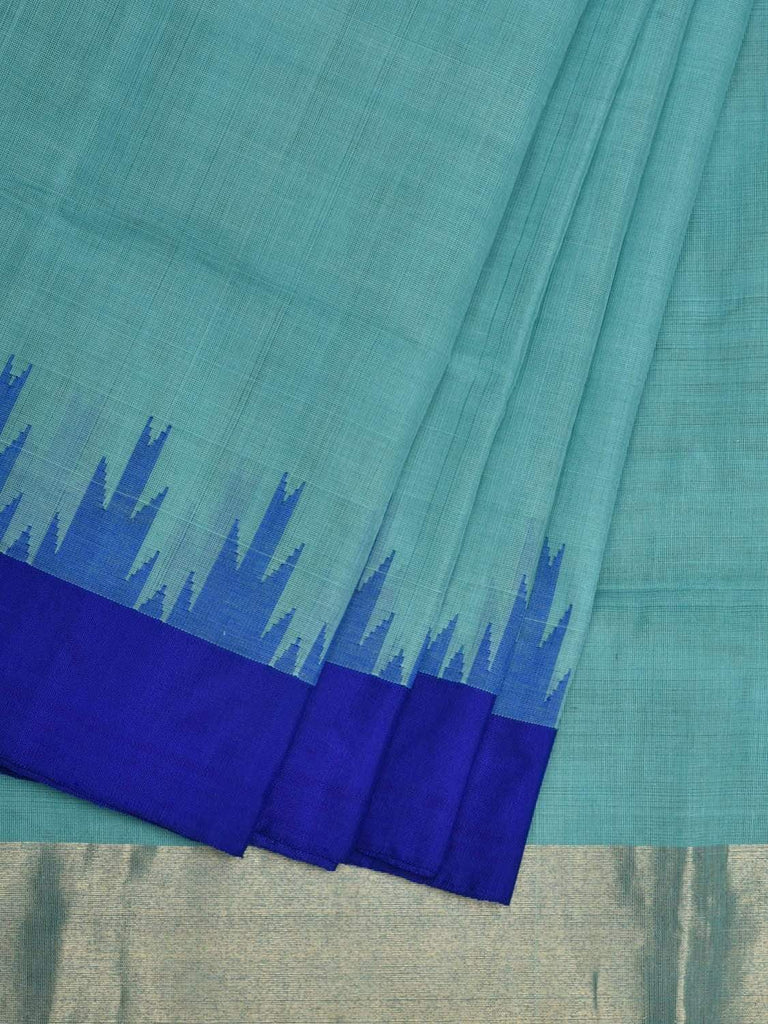 Light Blue Khadi Cotton Handloom Plain Saree with Temple Border Design kh0533