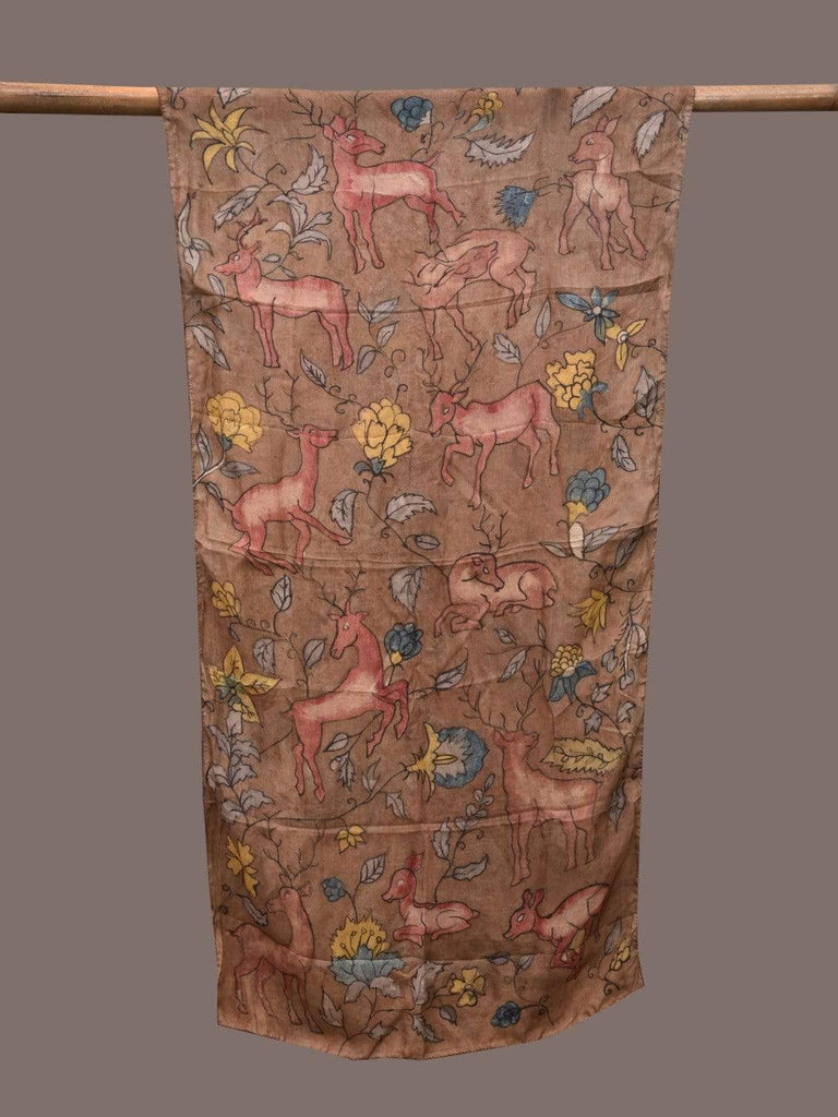 Light Brown Kalamkari Hand Painted Silk Stole with Deers Design ds2320