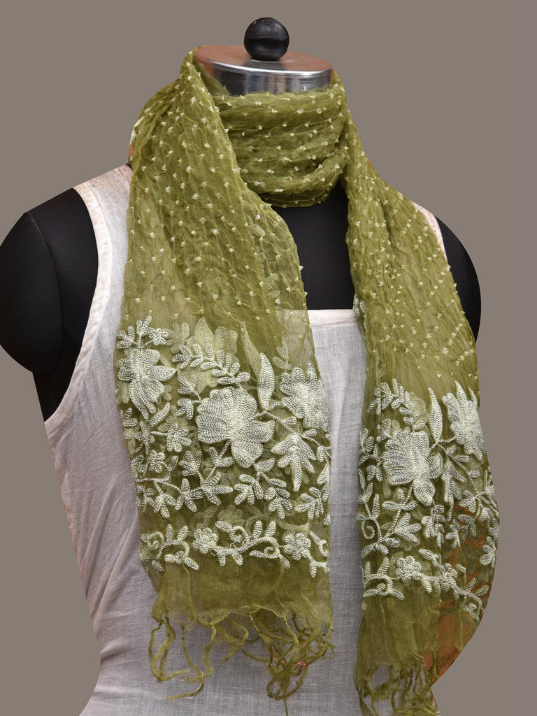 Light Green Bandhani Organza Stole with Embroidary Work Design ds2853