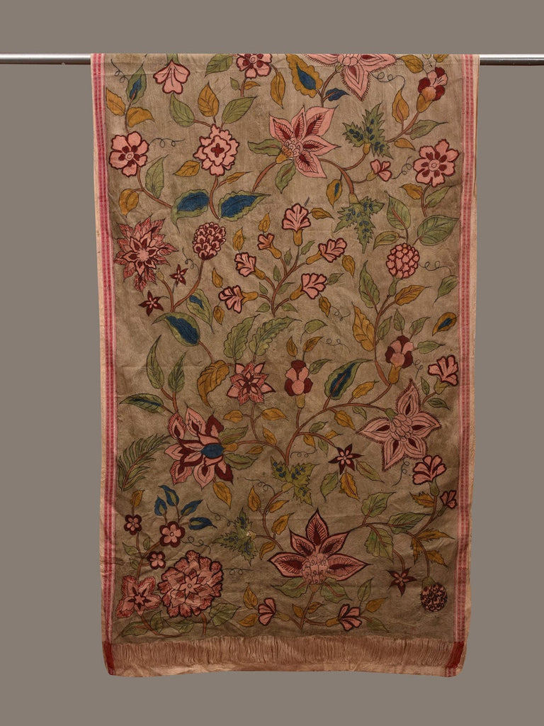 Light Green Kalamkari Hand Painted Cotton Dupatta with Floral and Doby Border Design ds2923