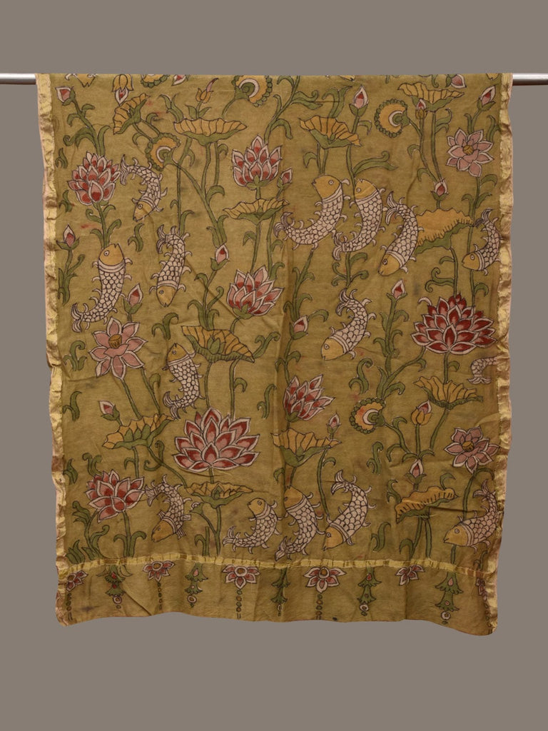 Light Green Kalamkari Hand Painted Cotton Silk Handloom Dupatta with Fishes and Floral Design ds2976