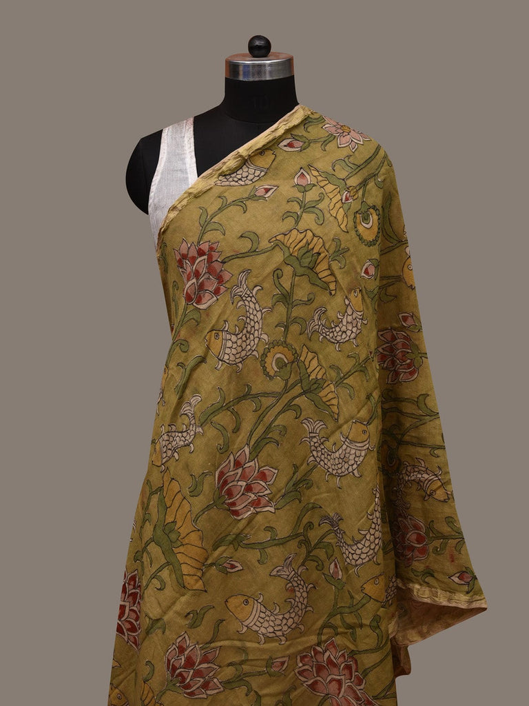 Light Green Kalamkari Hand Painted Cotton Silk Handloom Dupatta with Fishes and Floral Design ds2976