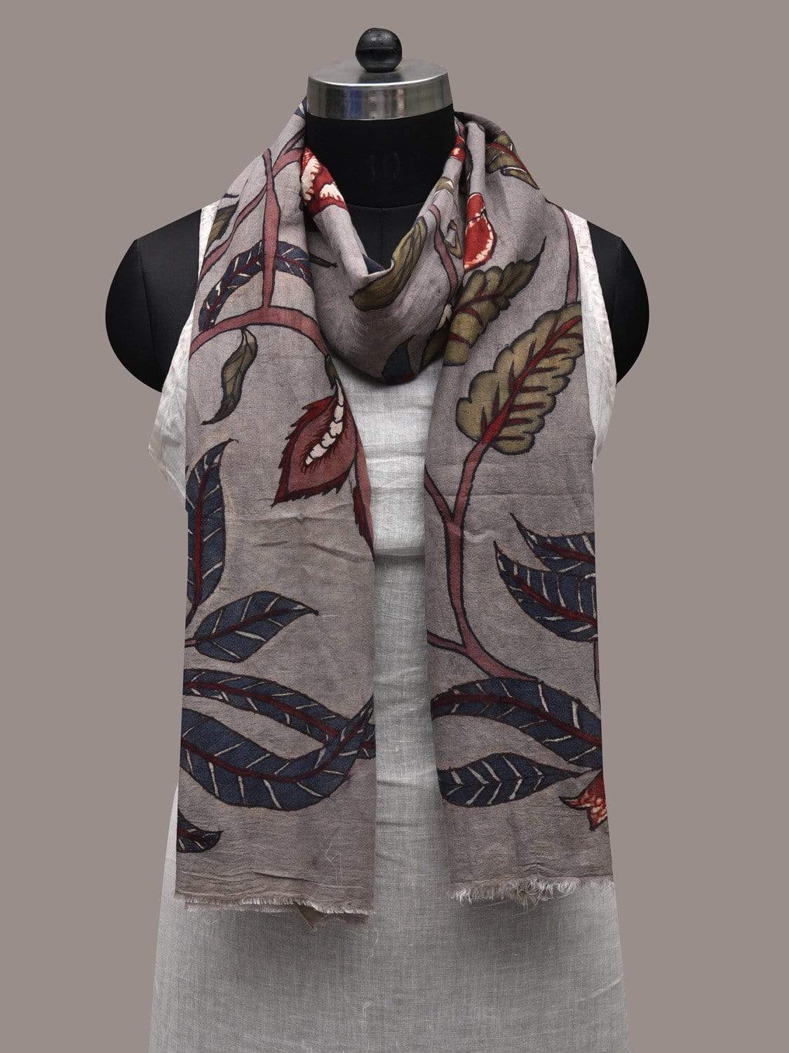 Light Grey Kalamkari Hand Painted Cotton Handloom Stole With Floral De 