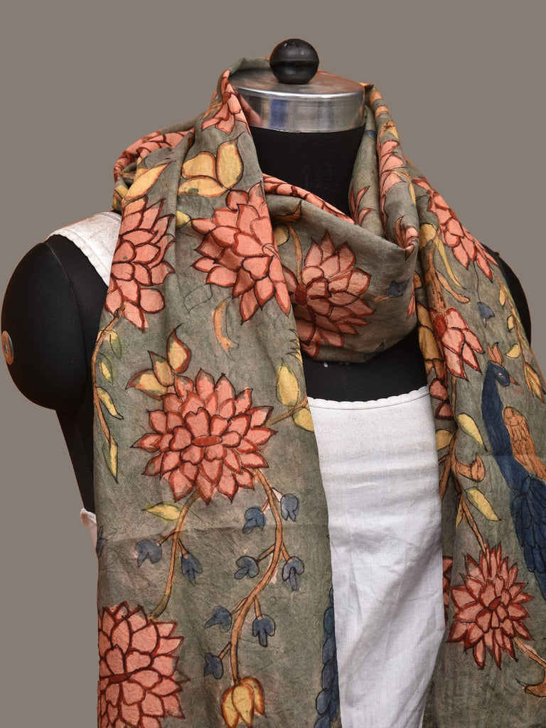 Light Grey Kalamkari Hand Painted Sico Stole with Lotus and Peacock Design ds3147