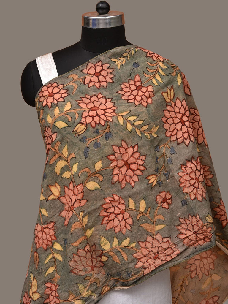 Light Grey Kalamkari Hand Painted Sico Stole with Lotus and Peacock Design ds3147