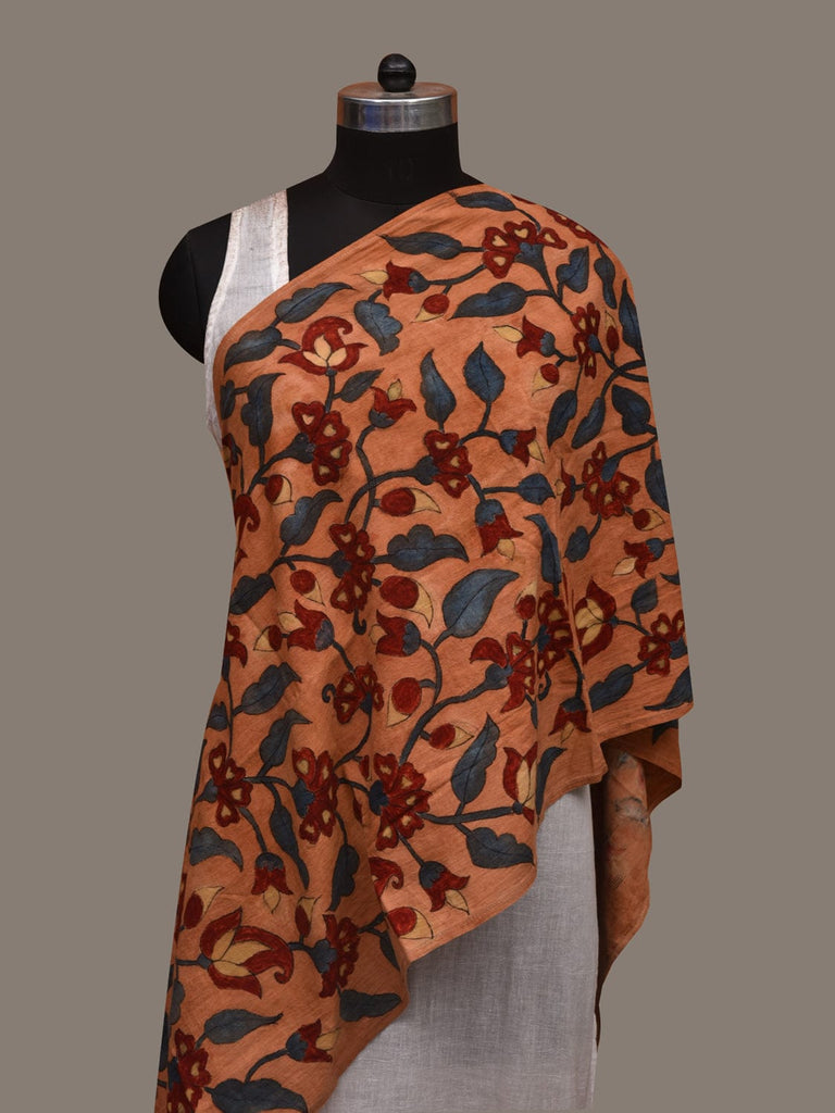Light Orange Kalamkari Hand Painted Cotton Handloom Stole with Floral Design ds2997