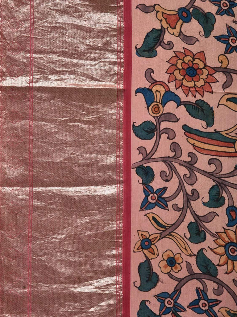 Light Pink Kalamkari Hand Painted Kanchipuram Silk Handloom Saree with Floral and Birds Design KL0511