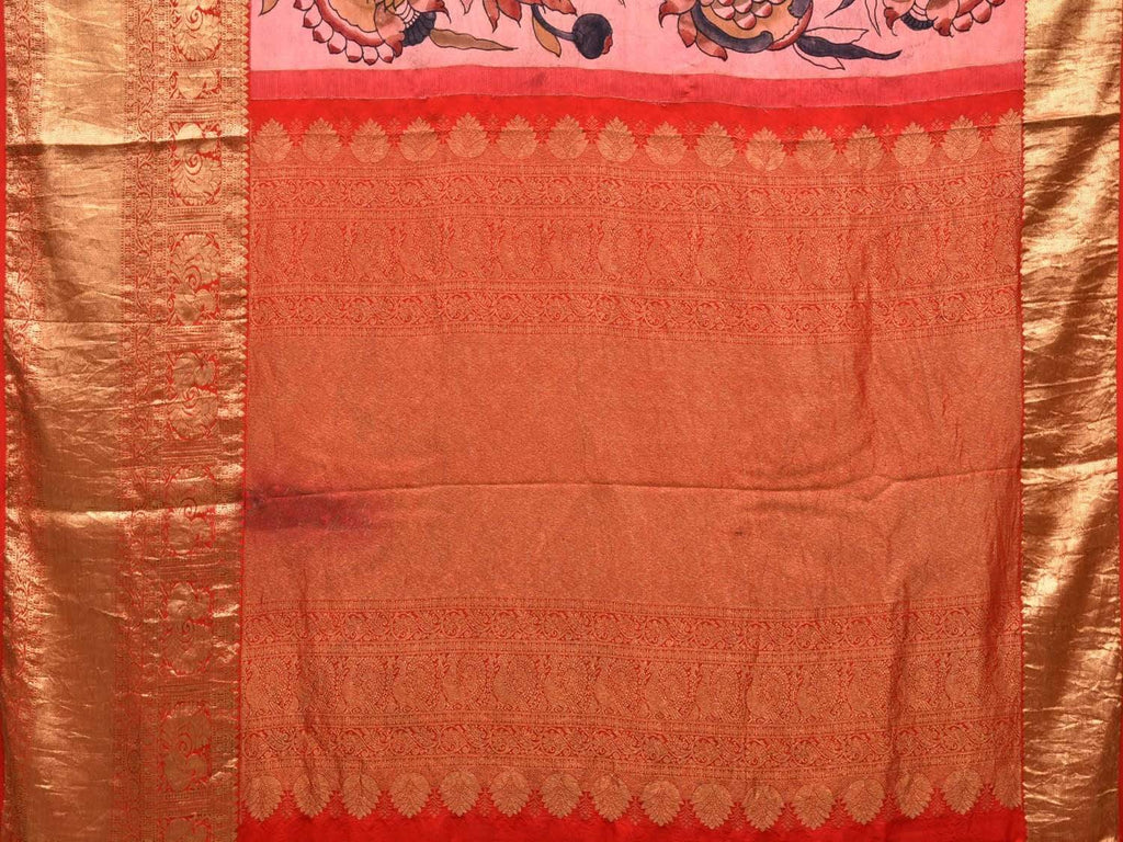 Light Pink Kalamkari Hand Painted Kanchipuram Silk Handloom Saree with Floral Design KL0494