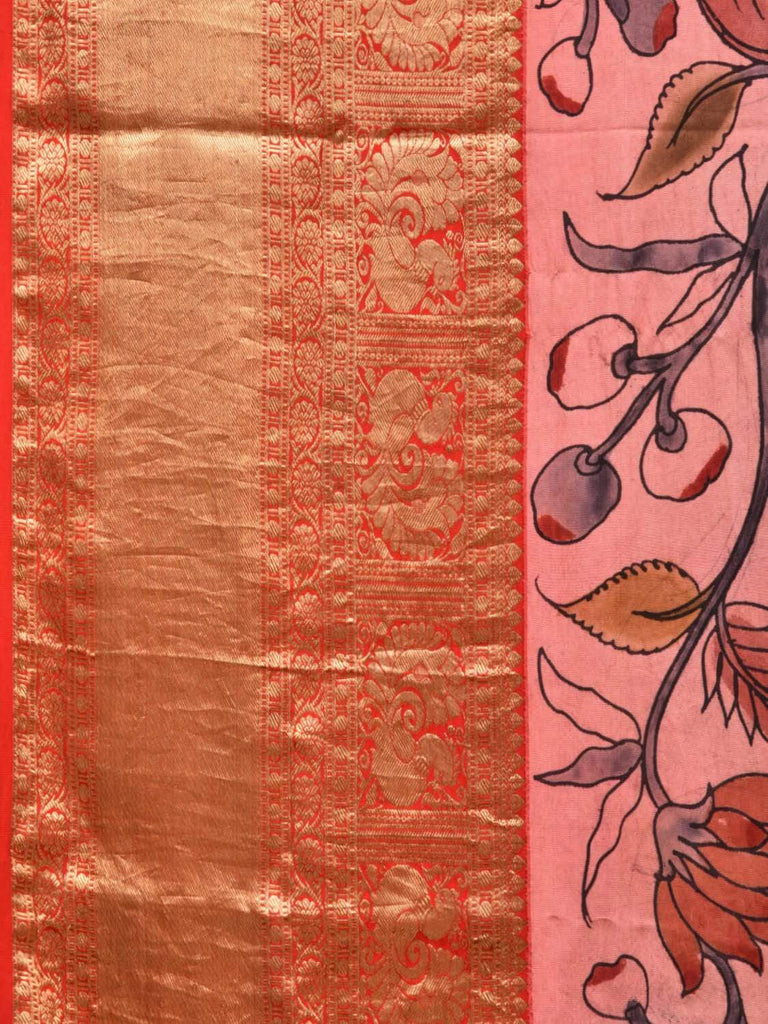 Light Pink Kalamkari Hand Painted Kanchipuram Silk Handloom Saree with Floral Design KL0494