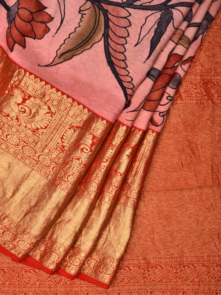 Light Pink Kalamkari Hand Painted Kanchipuram Silk Handloom Saree with Floral Design KL0494