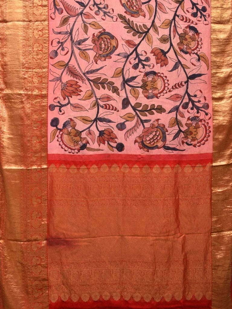 Light Pink Kalamkari Hand Painted Kanchipuram Silk Handloom Saree with Floral Design KL0494