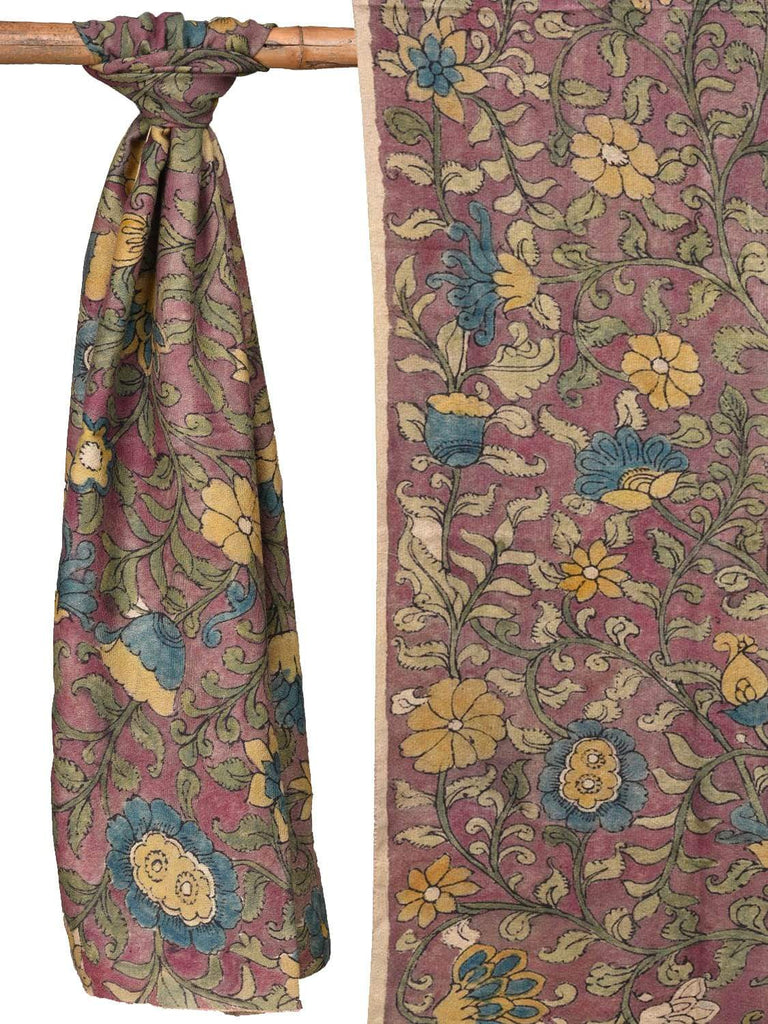 Light Pink Kalamkari Hand Painted Woolen Handloom Stole with Flowers Design ds2069