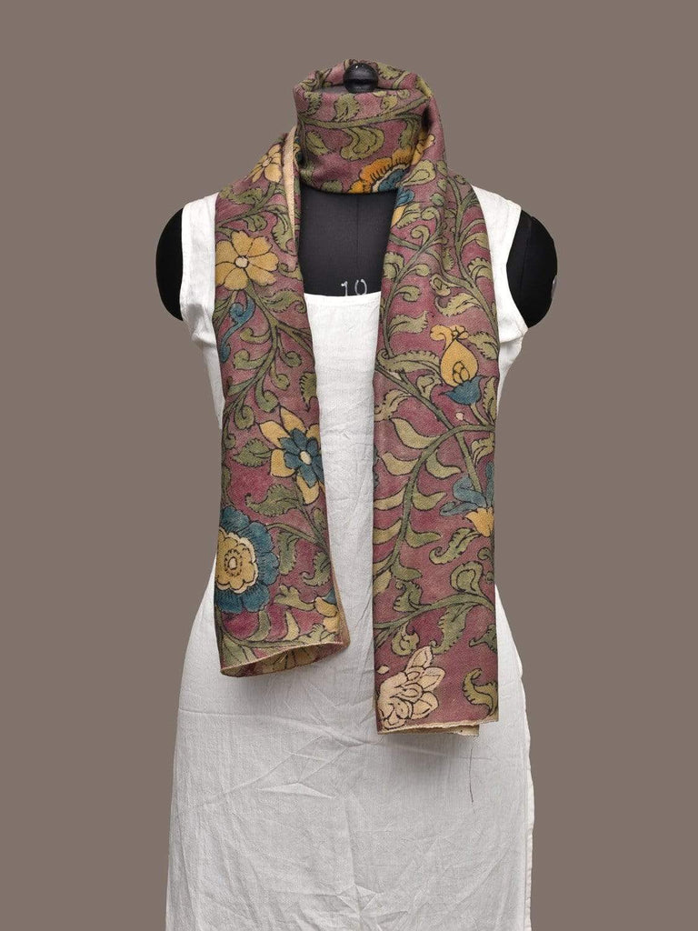 Light Pink Kalamkari Hand Painted Woolen Handloom Stole with Flowers Design ds2069