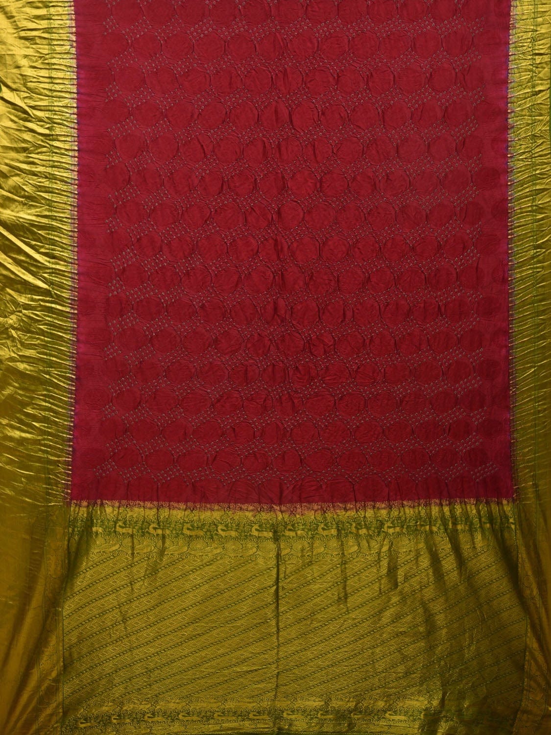 Maroon and Green Bandhani Kanchipuram Silk Handloom Saree with Body Bu ...