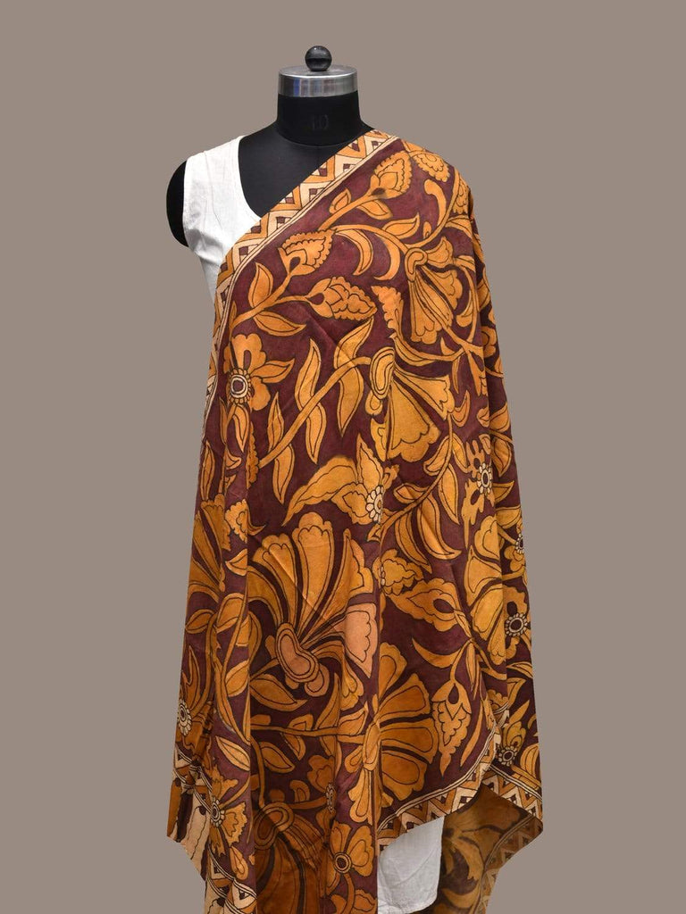 Maroon and Yellow Kalamkari Hand Painted Cotton Handloom Dupatta with Big Flowers Design ds2008