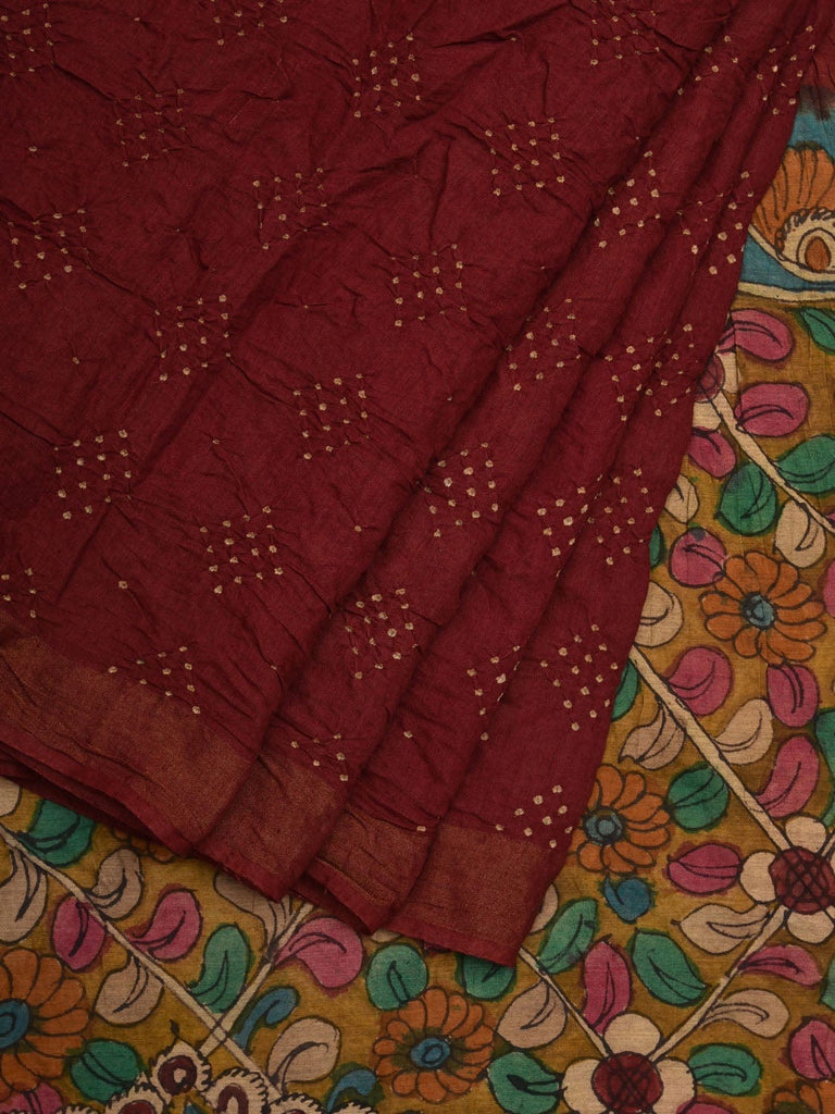 Maroon Bandhani Kalamkari Hand Painted Tussar Handloom Saree with Zari Border bn0326