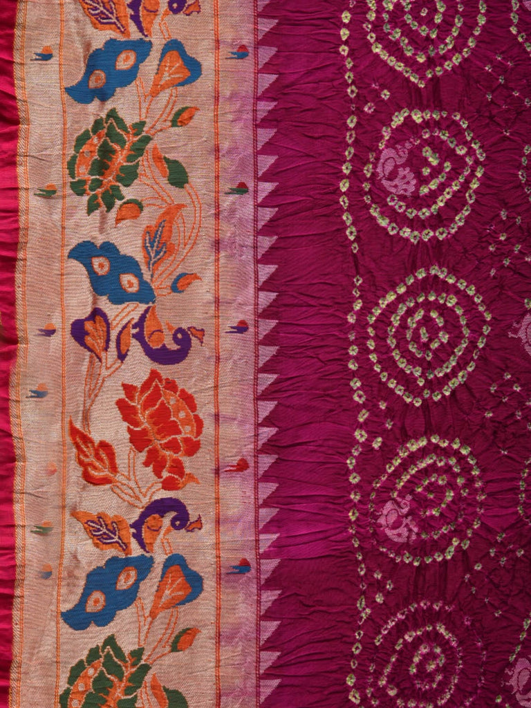 Maroon Bandhani Paithani Silk Handloom Saree with Peacocks Border Design bn0390
