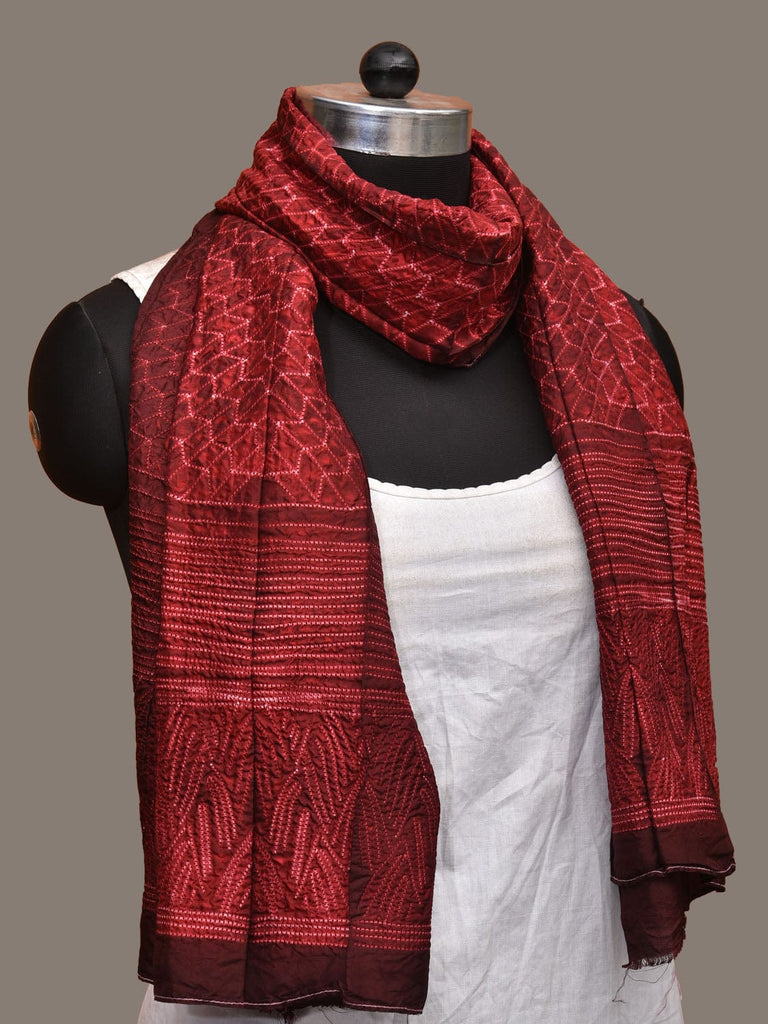 Maroon Shibori Silk Handloom Stole with Zig-Zag Design ds3154