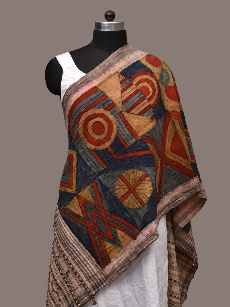 Multicolor Kalamkari Hand Painted Bhujodi Cotton Handloom Stole with Geometrical Design ds3178